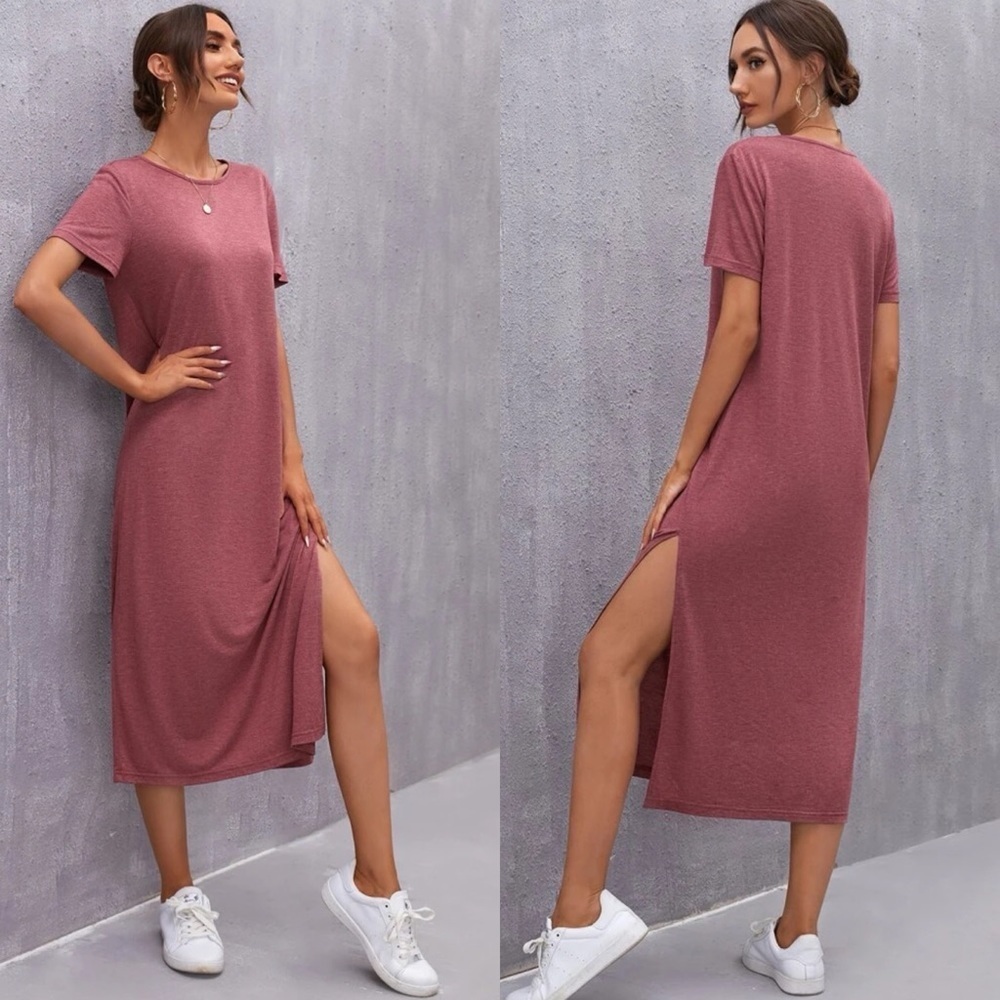 Short sleeve midi length slit tee dress casual boho black - Picture 3 of 10